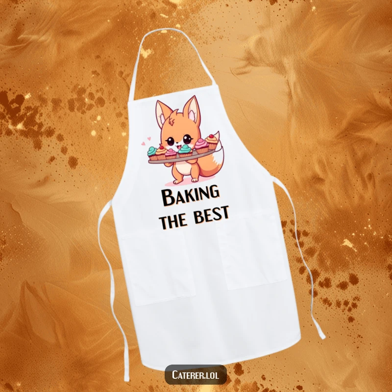 Funny apron with a cute, energetic fox sprite proudly holding a tray of colorful cupcakes, ideal for kitchen tasks with a sweet twist.