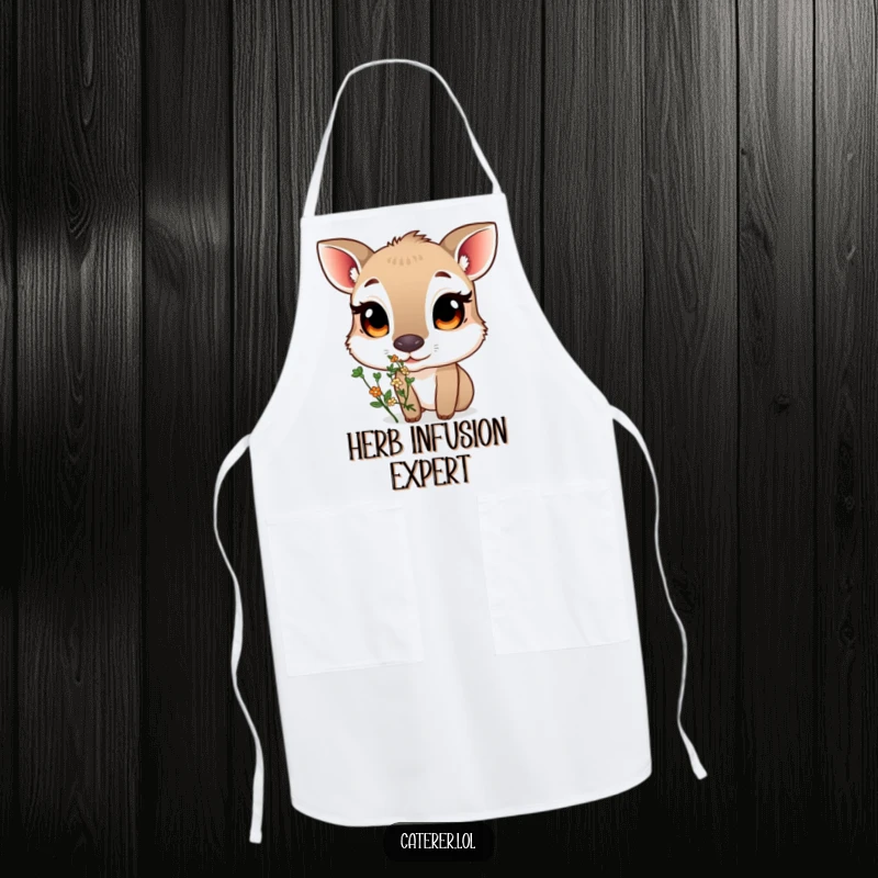 Funny apron depicting a curious animal with large eyes sniffing a small, fragrant bouquet of herbs, ideal for garden and kitchen fun.