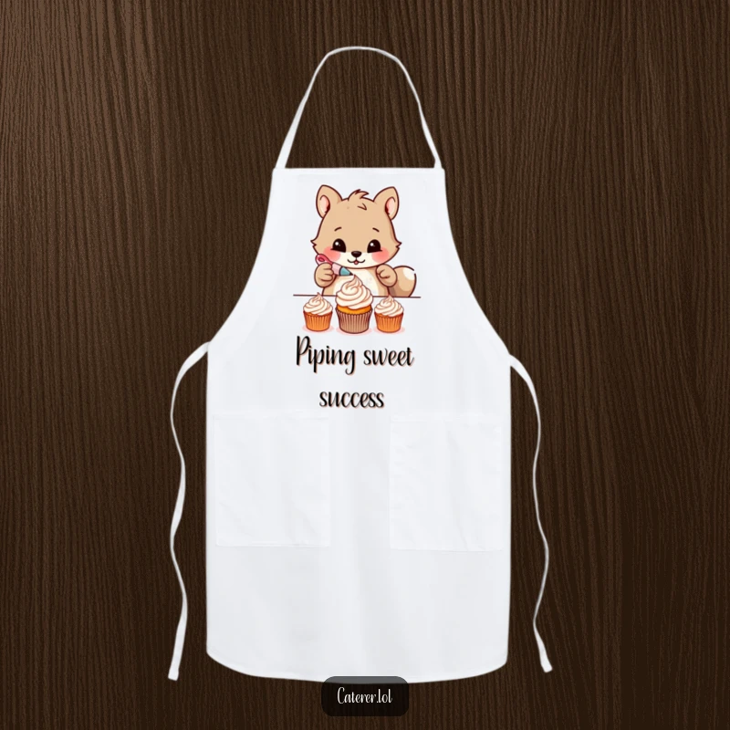 Funny apron depicting a determined animal meticulously piping delicate frosting patterns onto tiny cupcakes, designed for bakers.