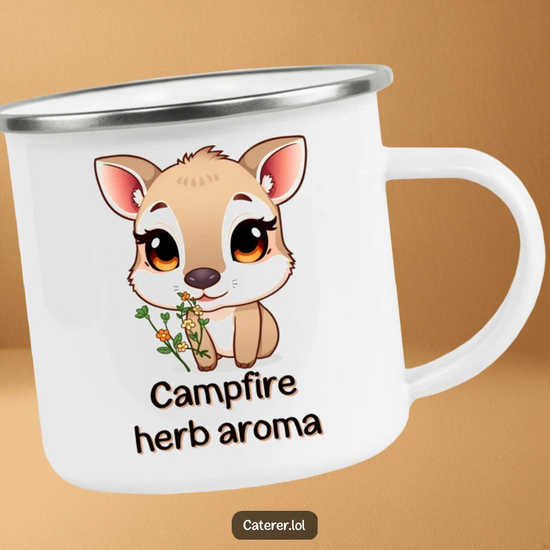 Funny camping mug showing a curious animal with large eyes sniffing a small, fragrant bouquet of herbs, designed for outdoor enthusiasts.