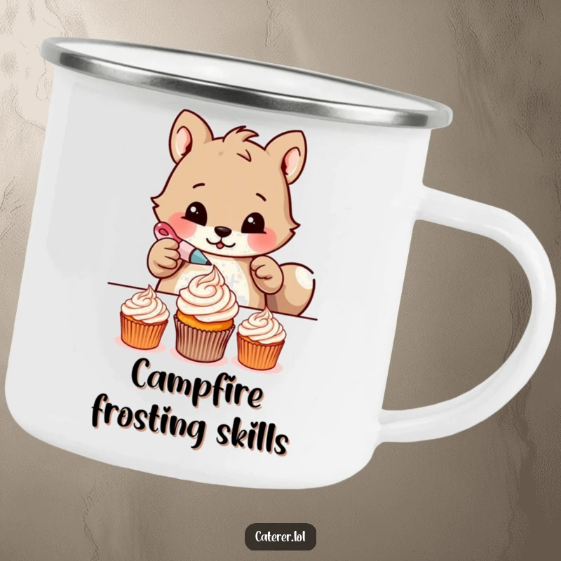 Funny camping mug showing a determined animal meticulously piping delicate frosting patterns onto tiny cupcakes, for baking enthusiasts on the go.