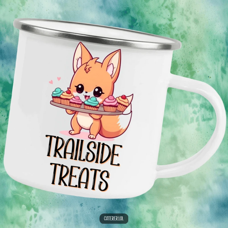 Funny camping mug featuring a cute, energetic fox sprite proudly holding a tray of colorful cupcakes, perfect for enjoying drinks outdoors.