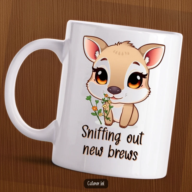 Funny mug with a curious animal, large eyes, sniffing a small, fragrant bouquet of herbs, capturing a moment of gentle exploration.