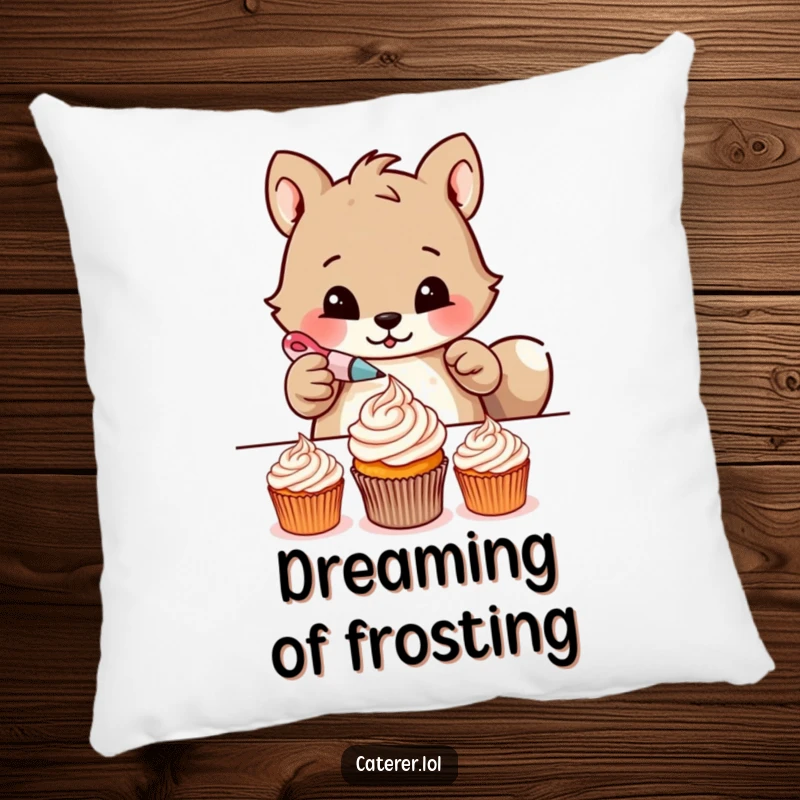 Funny pillow featuring a determined animal meticulously piping delicate frosting patterns onto tiny cupcakes, adding a humorous touch to decor.