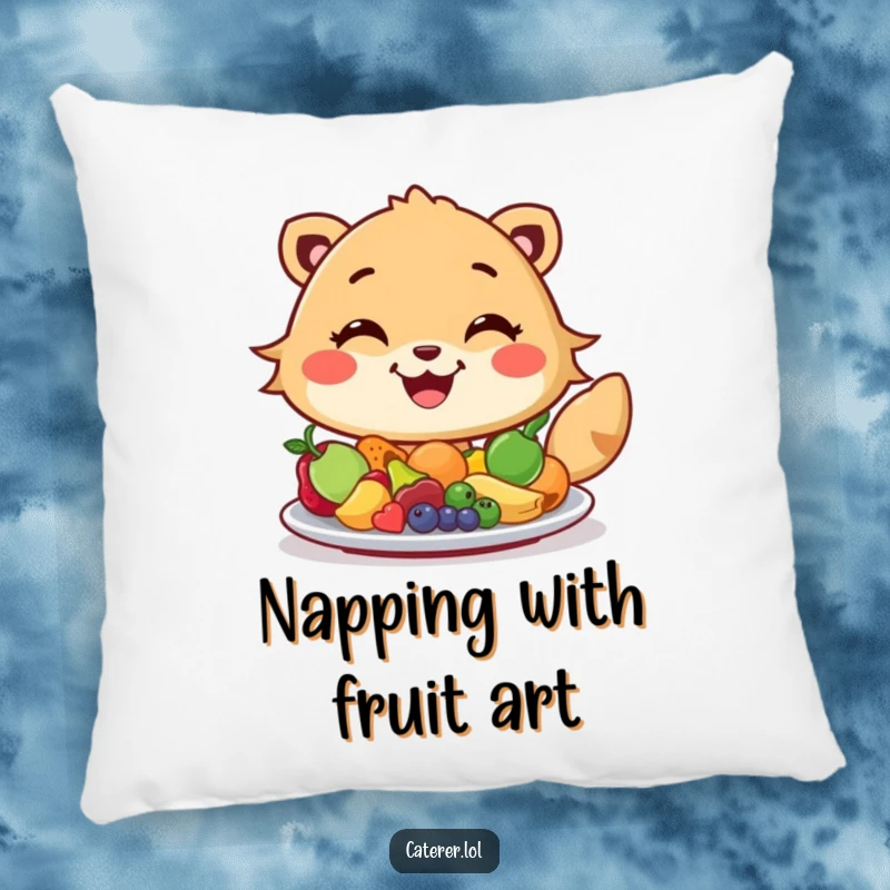 Funny pillow with a cheerful animal, wide grin, artfully arranging colorful miniature fruits on a platter, adding whimsical charm to any space.