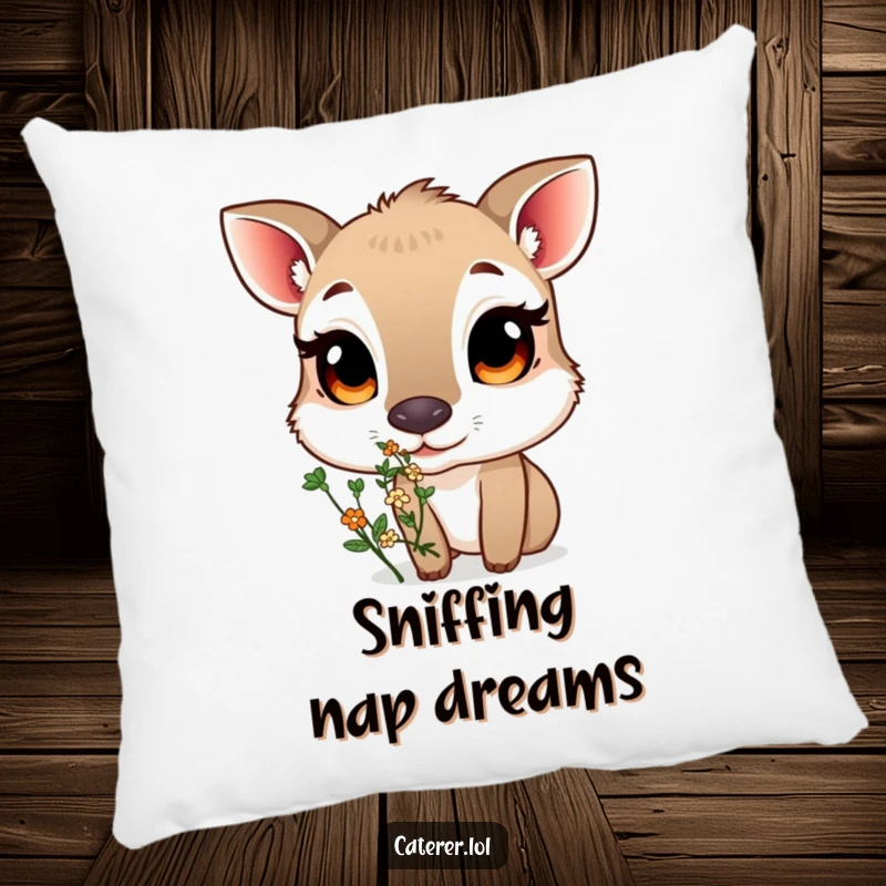 Funny pillow featuring a curious animal with large eyes sniffing a small, fragrant bouquet of herbs, adding comfort and charm.