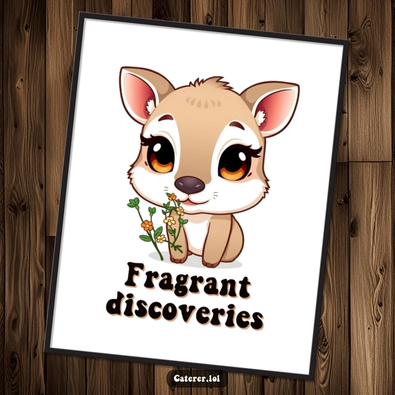 Funny digital art print of a curious animal with large eyes sniffing a small, fragrant bouquet of herbs, ready for instant download.