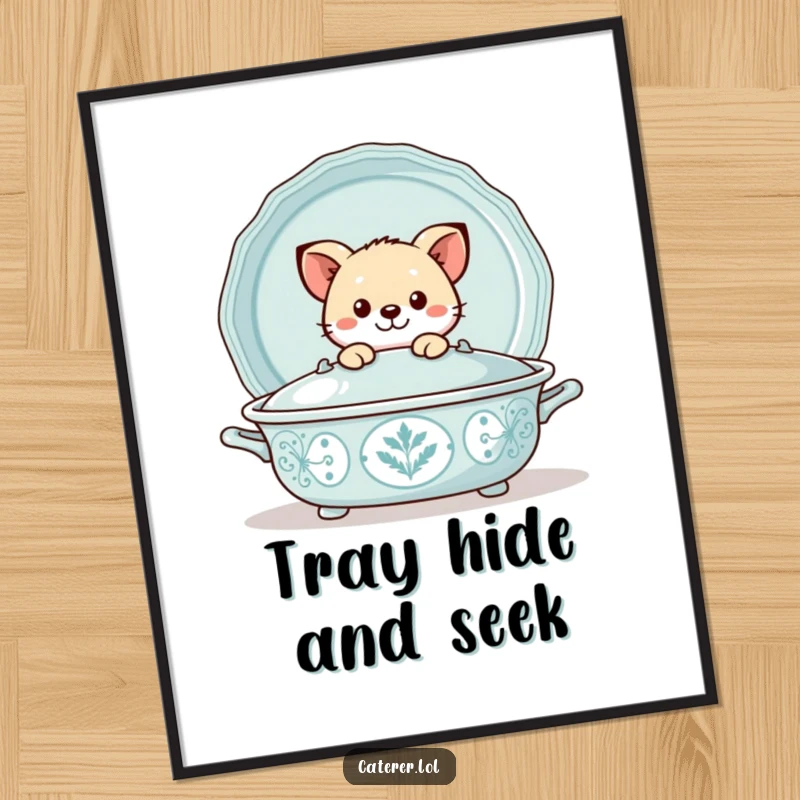 Funny digital art print of a playful animal peeking out from behind a large, decorative serving tray, ready for instant download.