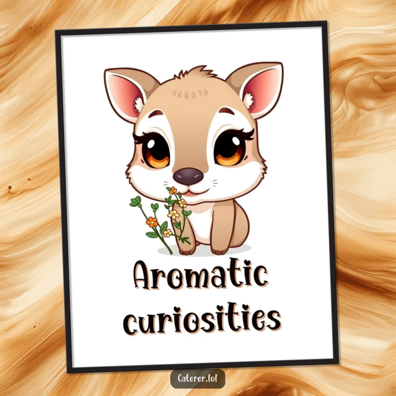 Funny poster of a curious animal with large eyes sniffing a small, fragrant bouquet of herbs, capturing a moment of peaceful sensory exploration.