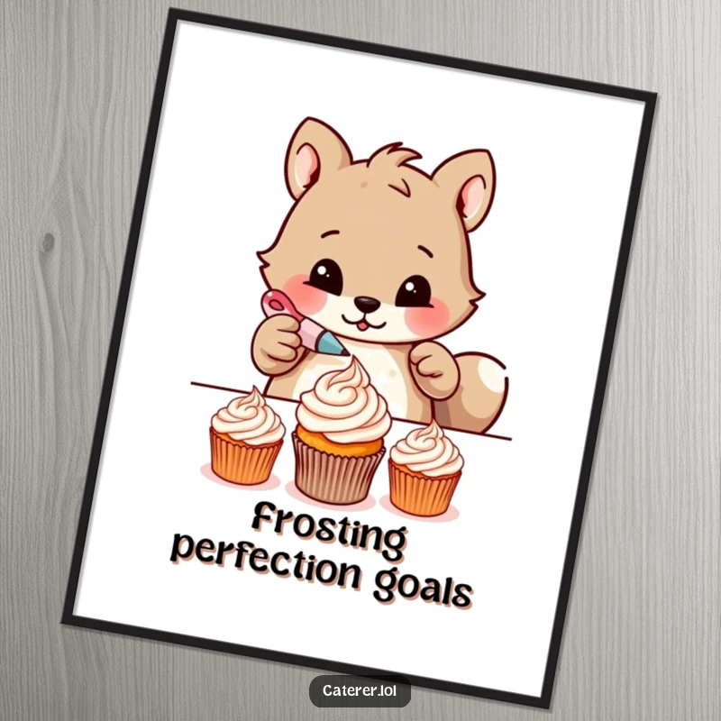 Funny poster of a determined animal meticulously piping delicate frosting patterns onto tiny cupcakes, celebrating the art of baking.