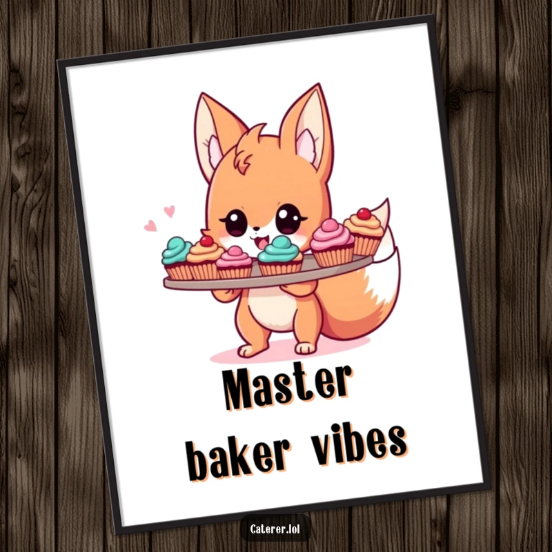 Funny poster of a cute, energetic fox sprite beaming with pride while holding a tray laden with colorful, delicious cupcakes.