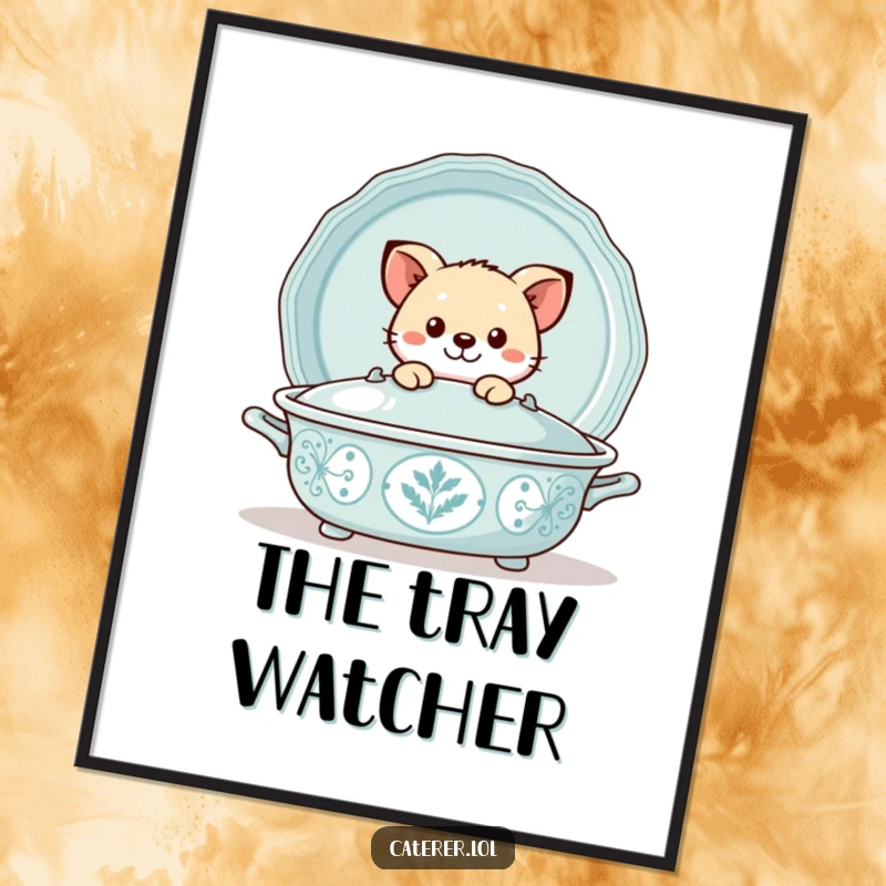Funny poster of a playful animal peeking out from behind a large, decorative serving tray, creating a sense of curiosity and fun.