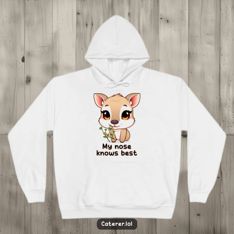 Funny hoodie depicting a curious animal with large eyes sniffing a small, fragrant bouquet of herbs, ideal for cozy nature appreciation.