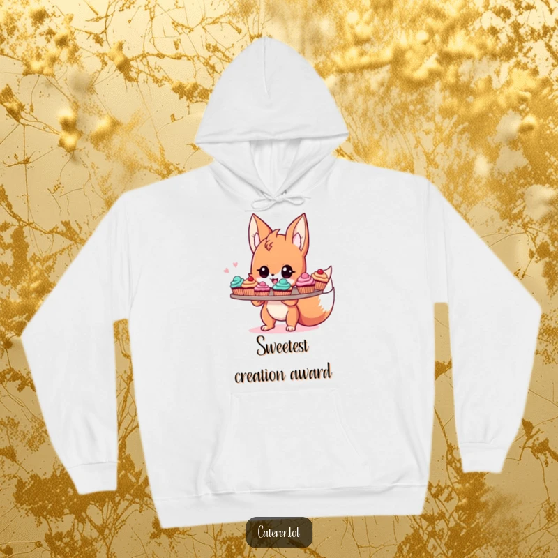 Funny hoodie featuring a cute, energetic fox sprite proudly holding a tray of colorful cupcakes, embodying sweet pride and warmth.