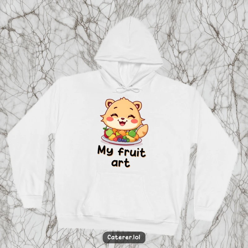 Funny hoodie depicting a cheerful animal with a broad grin meticulously arranging miniature colorful fruits on a platter, a delightful culinary scene.