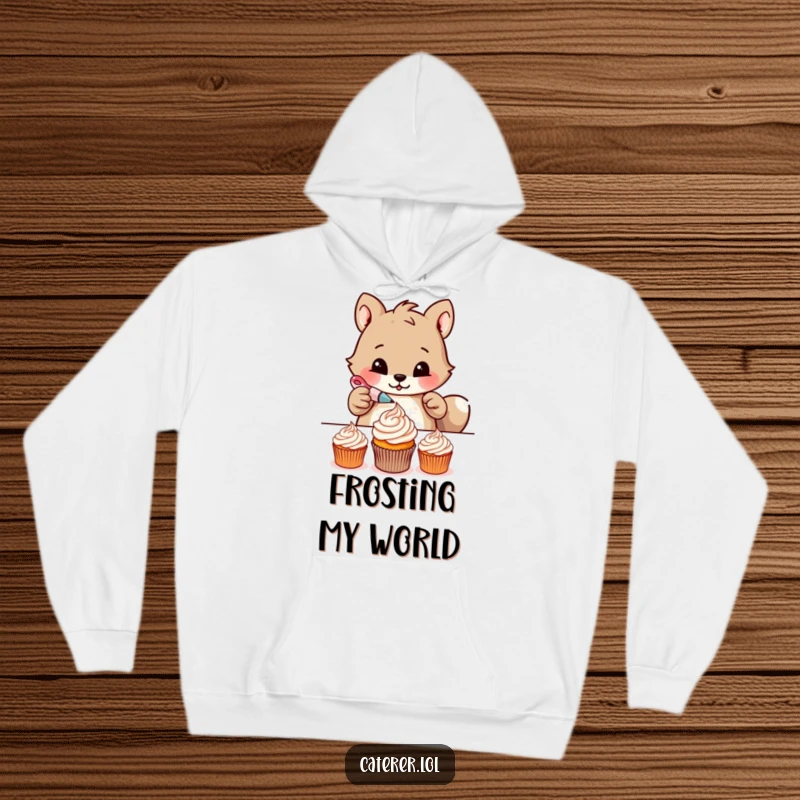 Funny hoodie showing a determined animal meticulously piping delicate frosting patterns onto tiny cupcakes, ideal for cozy baking sessions.