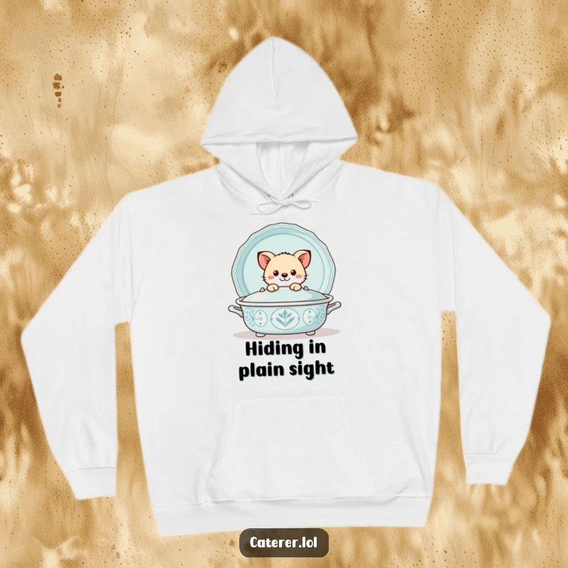 Funny hoodie depicting a playful animal peeking out from behind a large, decorative serving tray, offering a warm and humorous surprise.