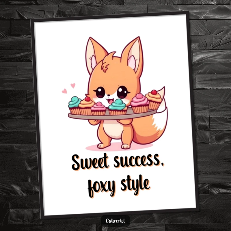 Funny Free Printable Wall Art: Cute, energetic Fox Sprite beaming with immense pride while holding a tray laden with vibrantly colored, appealing cupcakes.
