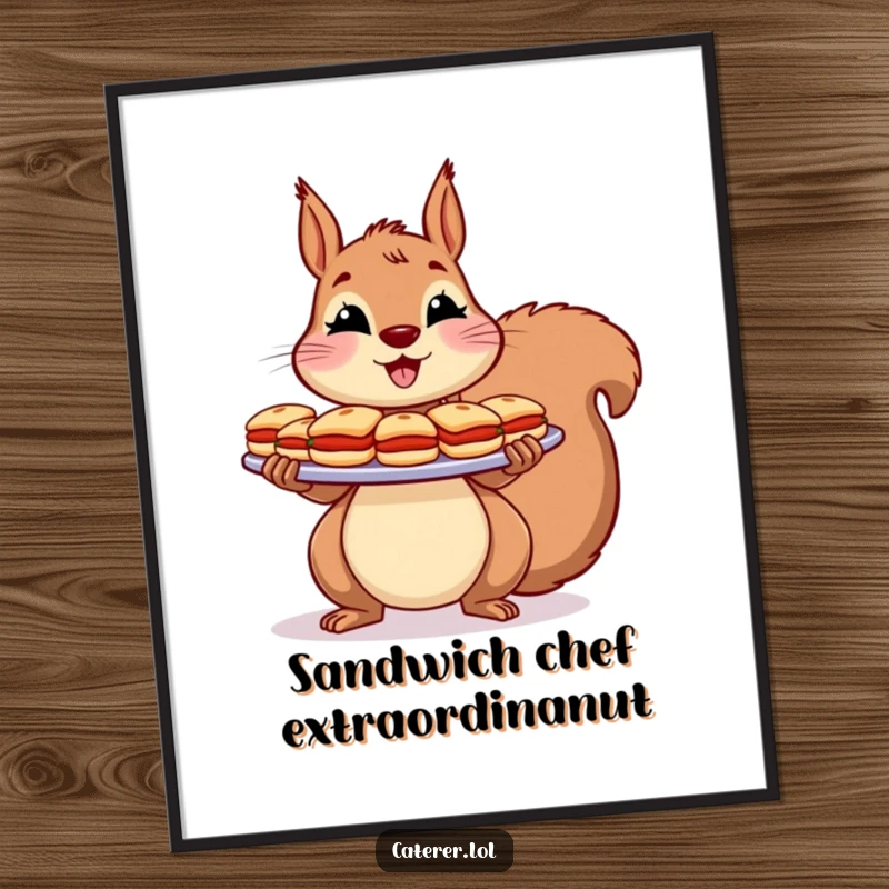 Funny Free Printable Wall Art: Cheerful squirrel holding a large platter loaded with numerous tiny, delightful sandwiches.