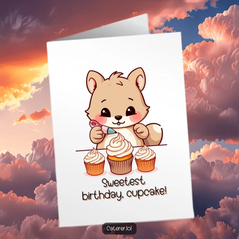 Funny Free Printable Birthday Card: Determined animal meticulously piping delicate frosting patterns onto tiny cupcakes.