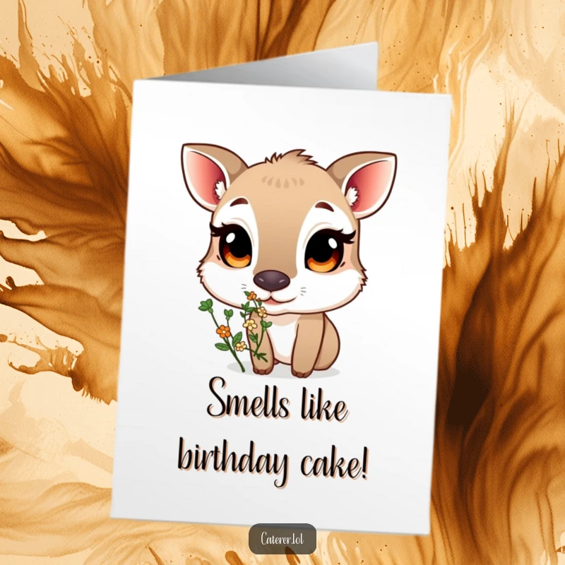 Funny Free Printable Birthday Card: Animal with large, curious eyes sniffing a small, fragrant bouquet of herbs.