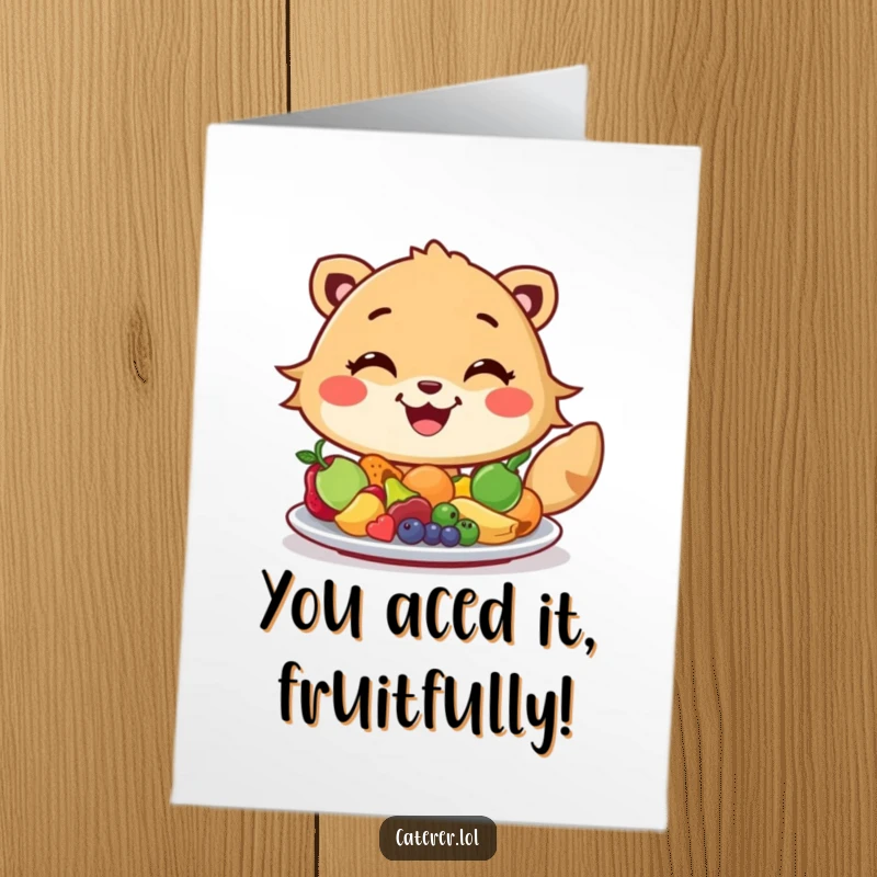 Funny Free Printable Congratulations Card: Smiling animal artistically arranging colorful miniature fruits on a serving platter.