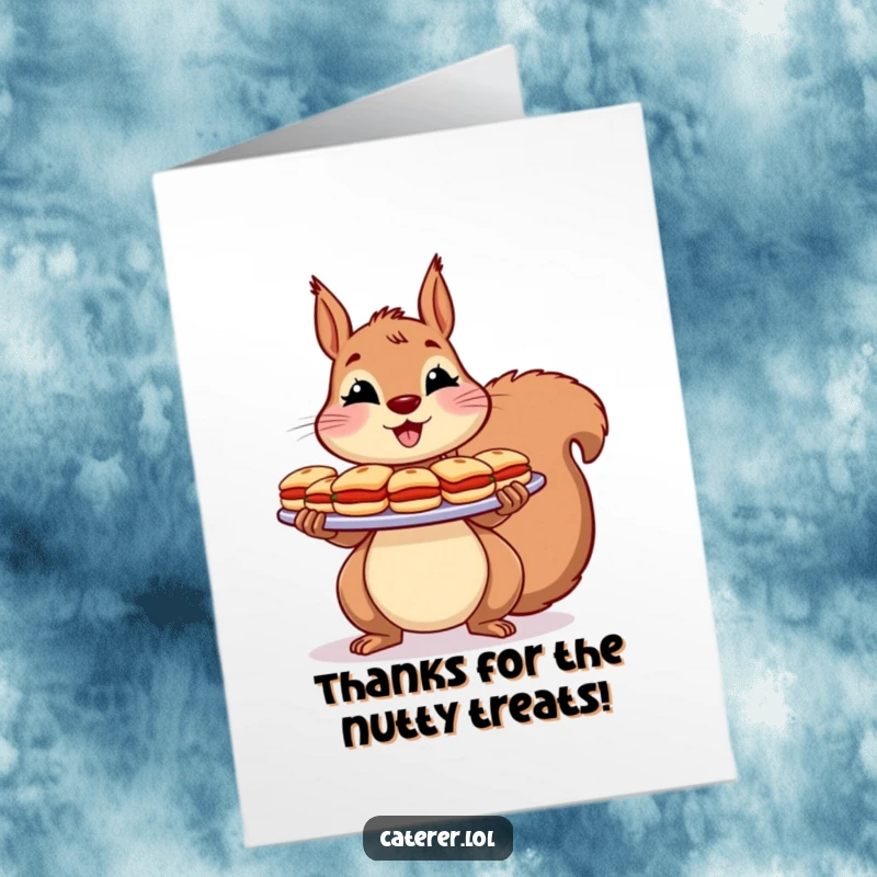 Funny Free Printable Thank You Card: A smiling squirrel holds a big platter packed with tiny, appealing sandwiches.