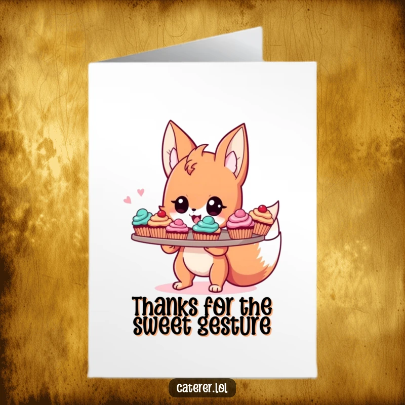 Funny Free Printable Thank You Card: Cute, energetic Fox Sprite beaming with pride, offering a tray of colorful cupcakes as a token of thanks.
