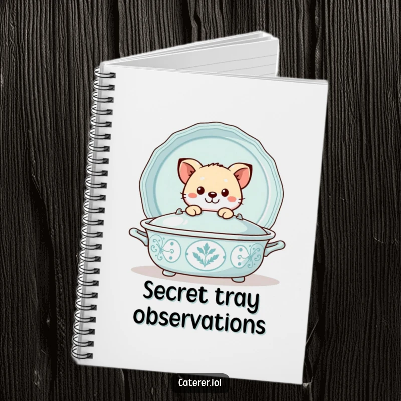 Funny notebook featuring a playful animal peeking out from behind a large, decorative serving tray, perfect for jotting down thoughts.