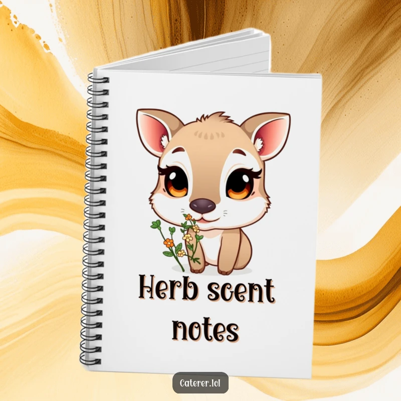 Funny notebook featuring a curious animal with large eyes sniffing a small, fragrant bouquet of herbs, perfect for nature journaling.