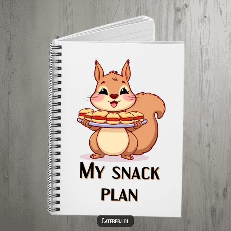 Funny Notebook: A cheerful squirrel holds a large platter of tiny sandwiches with a flourish, ready for your notes.