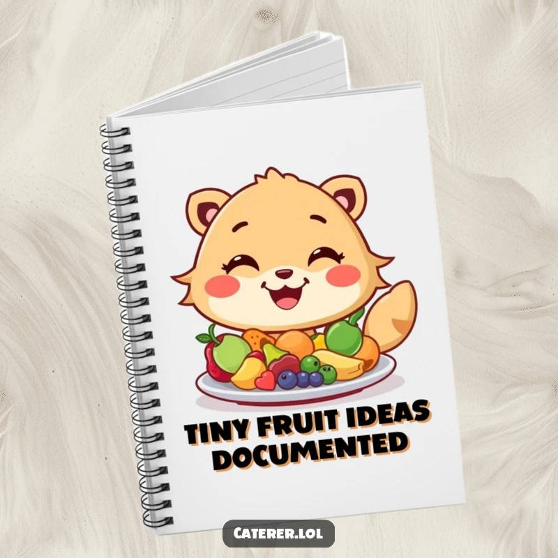 Funny notebook featuring a cheerful animal with a wide grin artfully arranging colorful miniature fruits on a platter, perfect for note-taking.