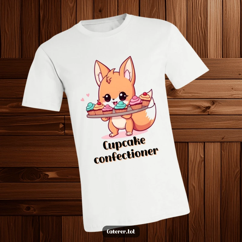 Funny t-shirt depicting a cute, energetic fox sprite holding a tray of beautifully decorated, colorful cupcakes with a proud expression.