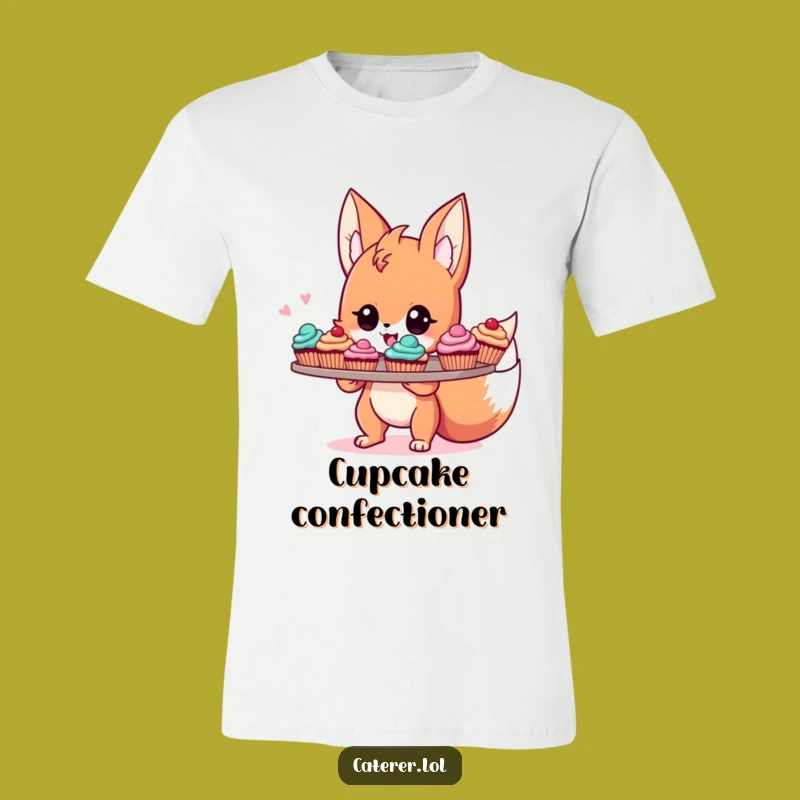 Funny Fox Baker T-Shirt: Energetic Sprite with Cupcakes, Quirky Dessert Apparel