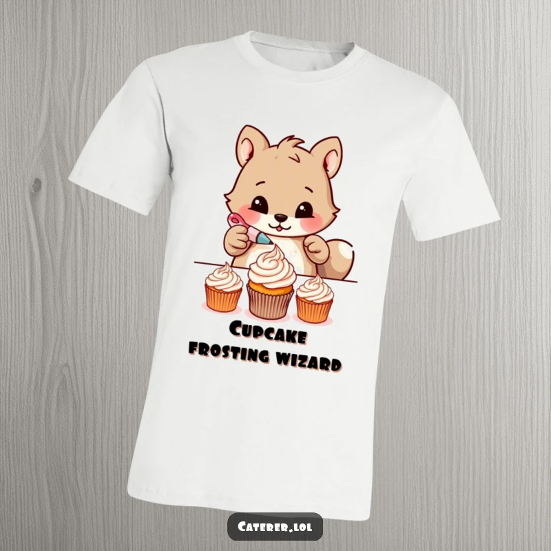Funny t-shirt featuring a determined animal meticulously piping delicate frosting patterns onto tiny cupcakes, highlighting baking dedication and humor.