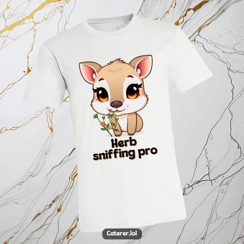 Funny t-shirt featuring a curious animal with large eyes sniffing a small, fragrant bouquet of herbs, celebrating nature's wonders.