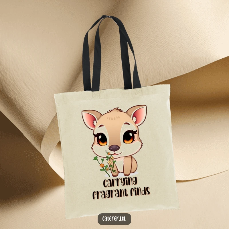 Funny tote bag featuring a curious animal with large eyes sniffing a small, fragrant bouquet of herbs, a charming accessory for nature lovers.