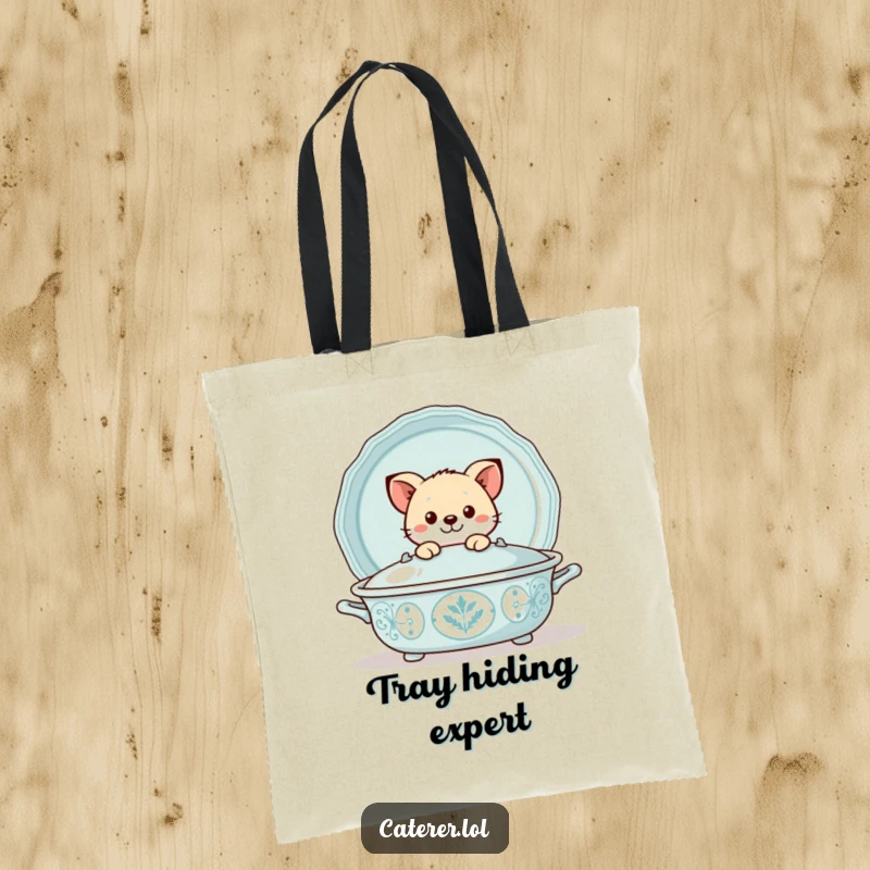Funny tote bag featuring a playful animal peeking out from behind a large, decorative serving tray, a delightful and practical accessory.